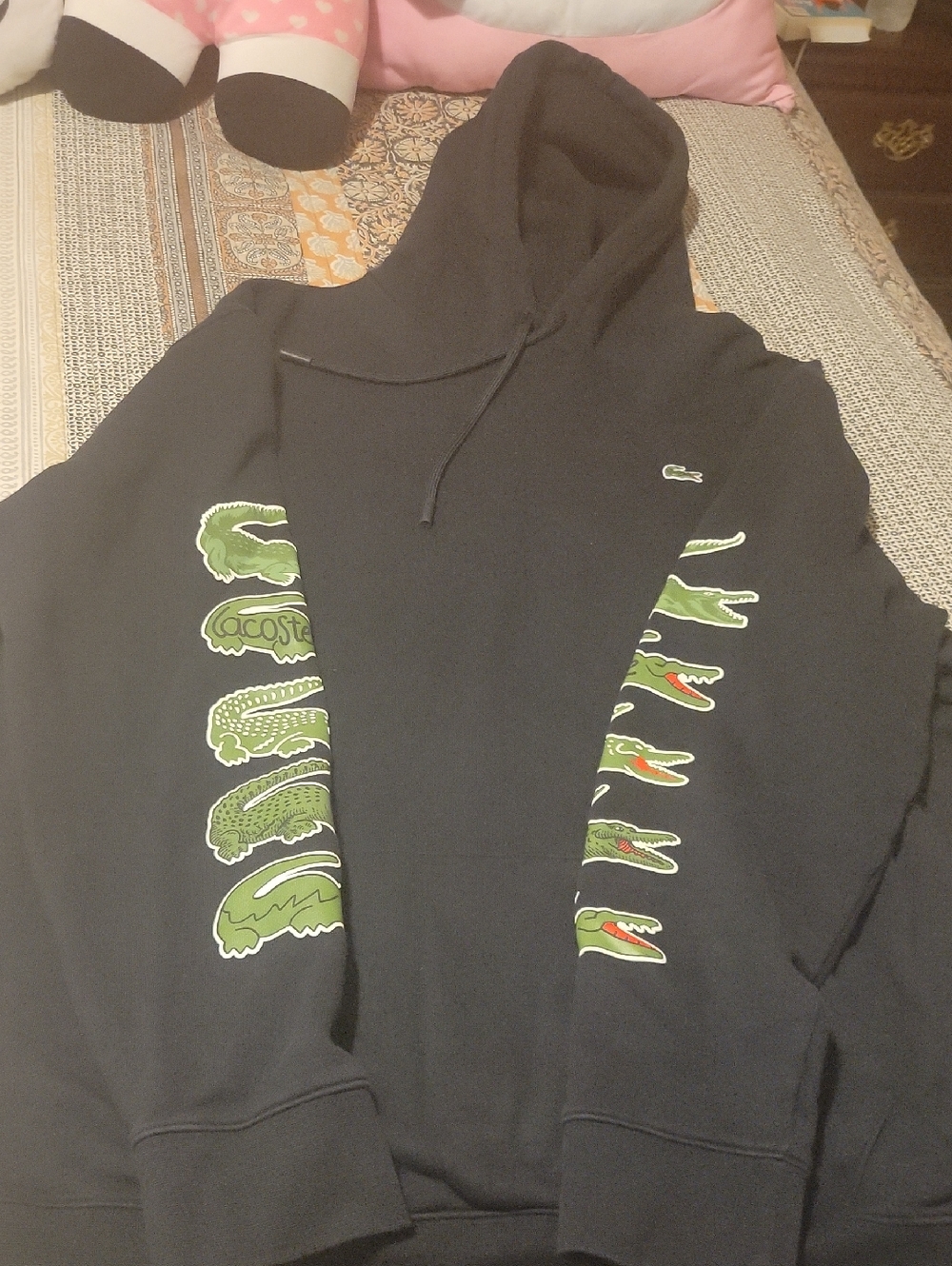 Lacoste Black Hoodie with Green Crocodile Sleeve Graphics